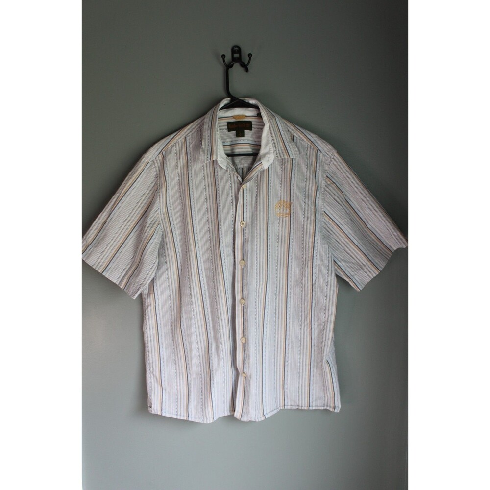 Timberland Mens Short-sleeve Button-up Shirt Vertical Stripes White Blue Tan L